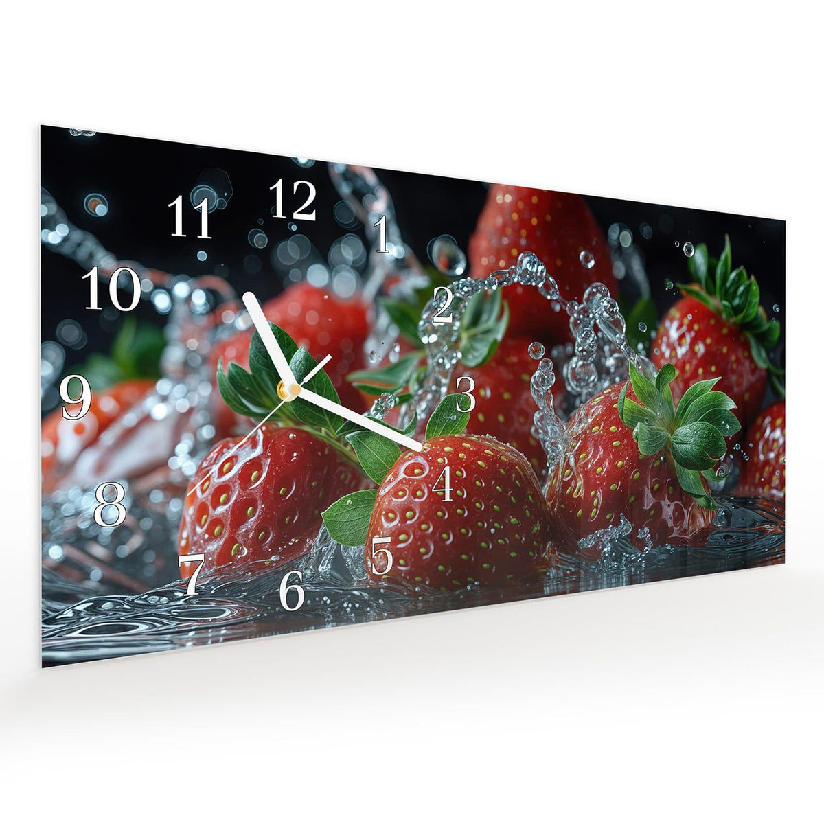 Vormontiert – mit Schwebeeffekt – Wanduhr Frische Erdbeeren Korb aus Glas – Querformat 60 × 30 cm