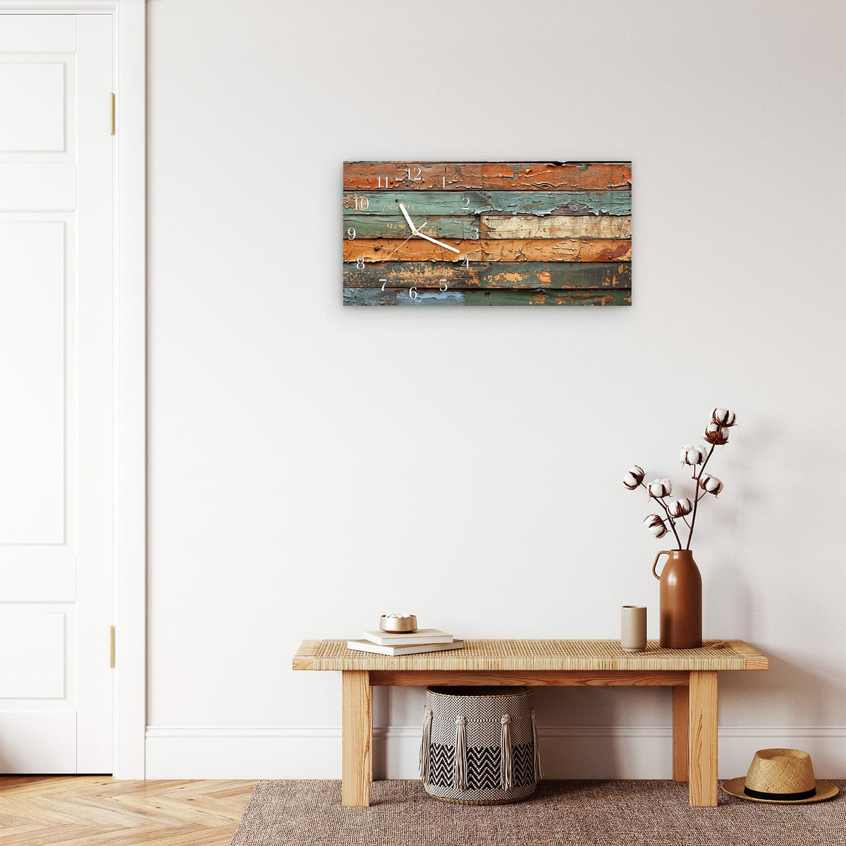 Moderne Wanduhr aus Glas mit Farbtiefe – Wanduhr Antike Holzplanken aus Glas – Querformat 60 × 30 cm