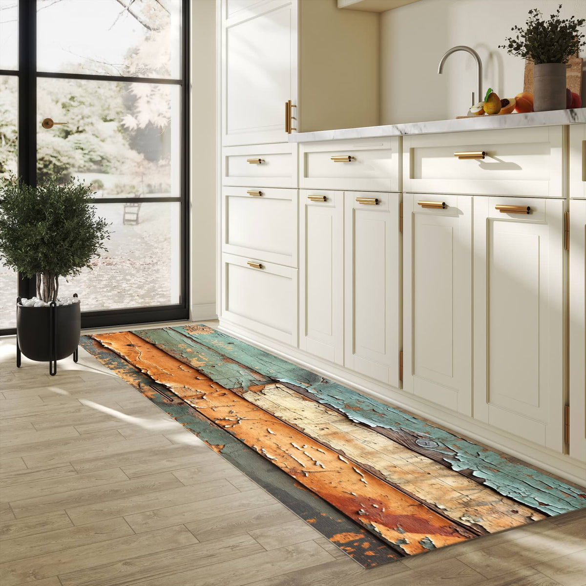 Waschbarer rutschfester Küchenteppich mit Motiv Antike Holzplanken in heller Küche