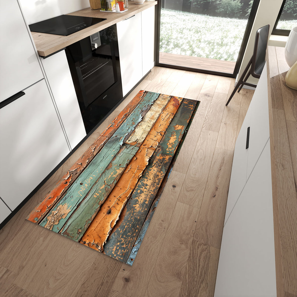 Pflegeleichter Läufer für die Küche mit Motiv Antike Holzplanken in moderner Küche