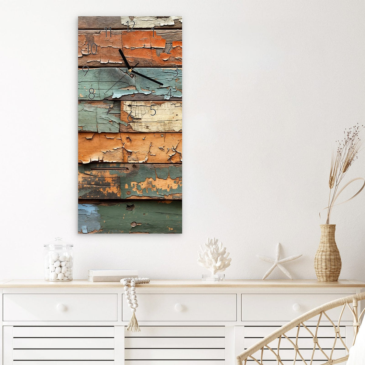 Wanduhr Antike Holzplanken aus Glas – Hochformat 30 × 60 cm – Verwitterte Planken mit abblätternder Farbe