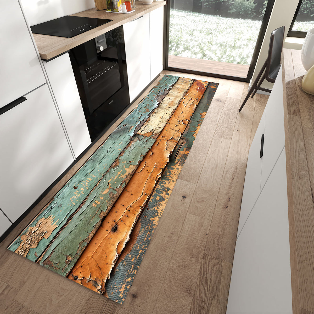 Rutschfester Küchenläufer mit Motiv Antike Holzplanken in moderner Küche