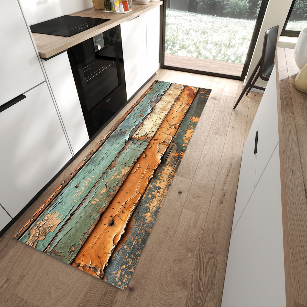 Komfortabler Küchenläufer mit Motiv Antike Holzplanken in moderner Küche