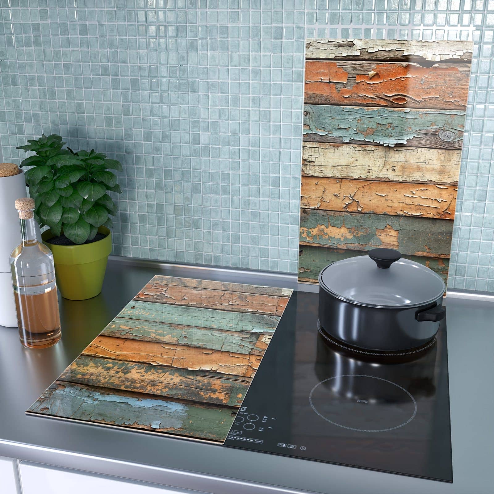2-teilige Herdabdeckplatte mit Antike Holzplanken-Motiv als Spritzschutz hinter dem Kochfeld