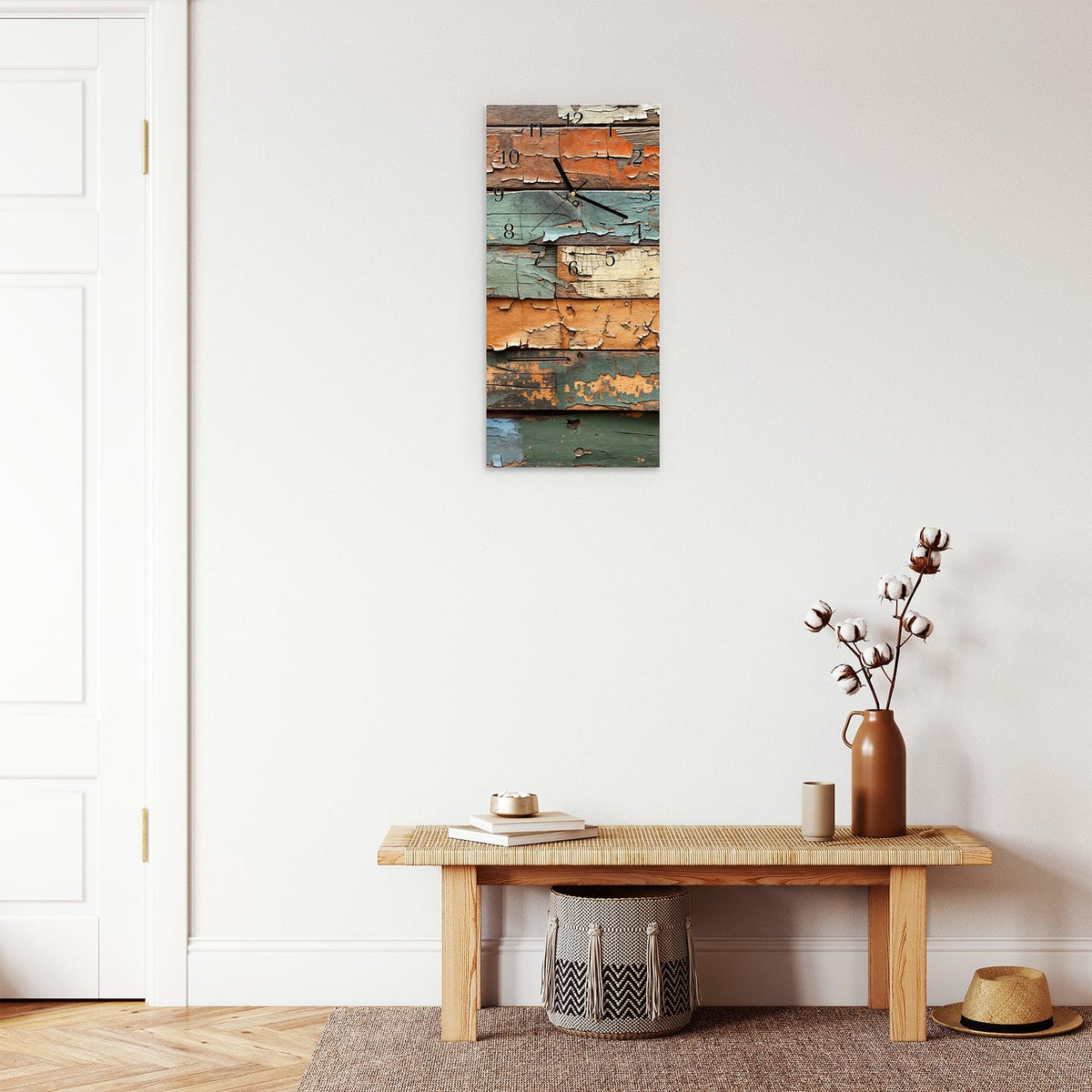 Moderne Wanduhr aus Glas mit Farbtiefe – Wanduhr Antike Holzplanken aus Glas – Hochformat 30 × 60 cm