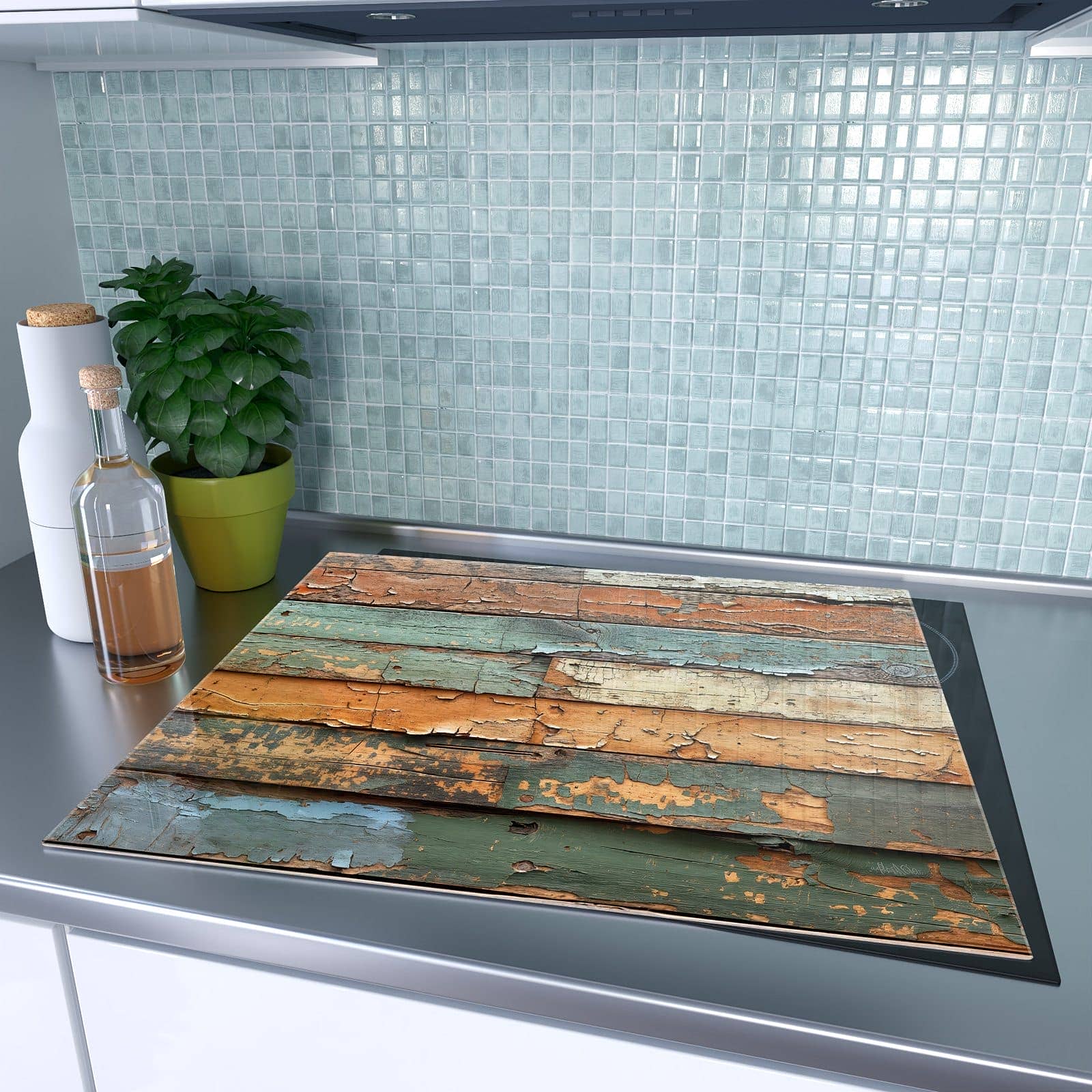 1-teilige Herdabdeckplatte mit Antike Holzplanken-Motiv auf dem Ceranfeld