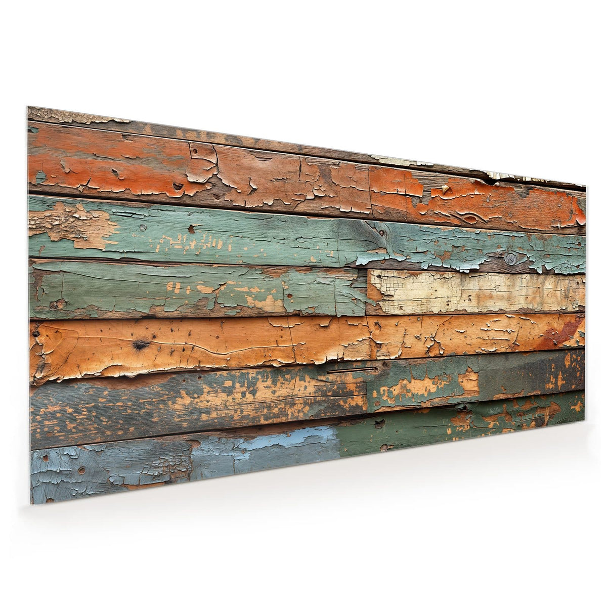 Küchenrückwand aus Glas im Hochformat mit Motiv Antike Holzplanken: Waagerechte alte Bretter mit stark abblätternder Farbe in Orange, Grün, Blau und Creme