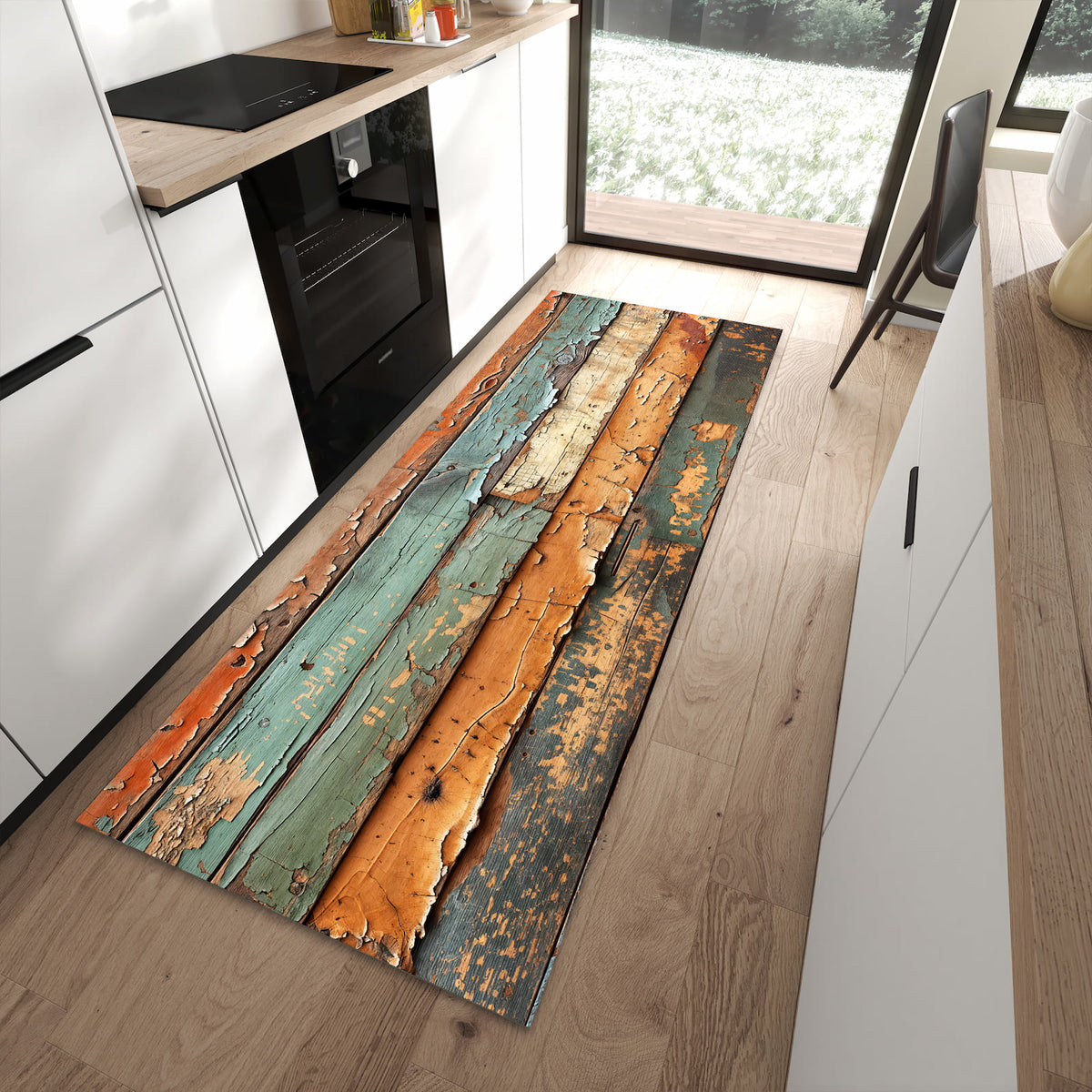 Hygienischer Küchenteppich mit Motiv Antike Holzplanken in moderner Küche - waschbar