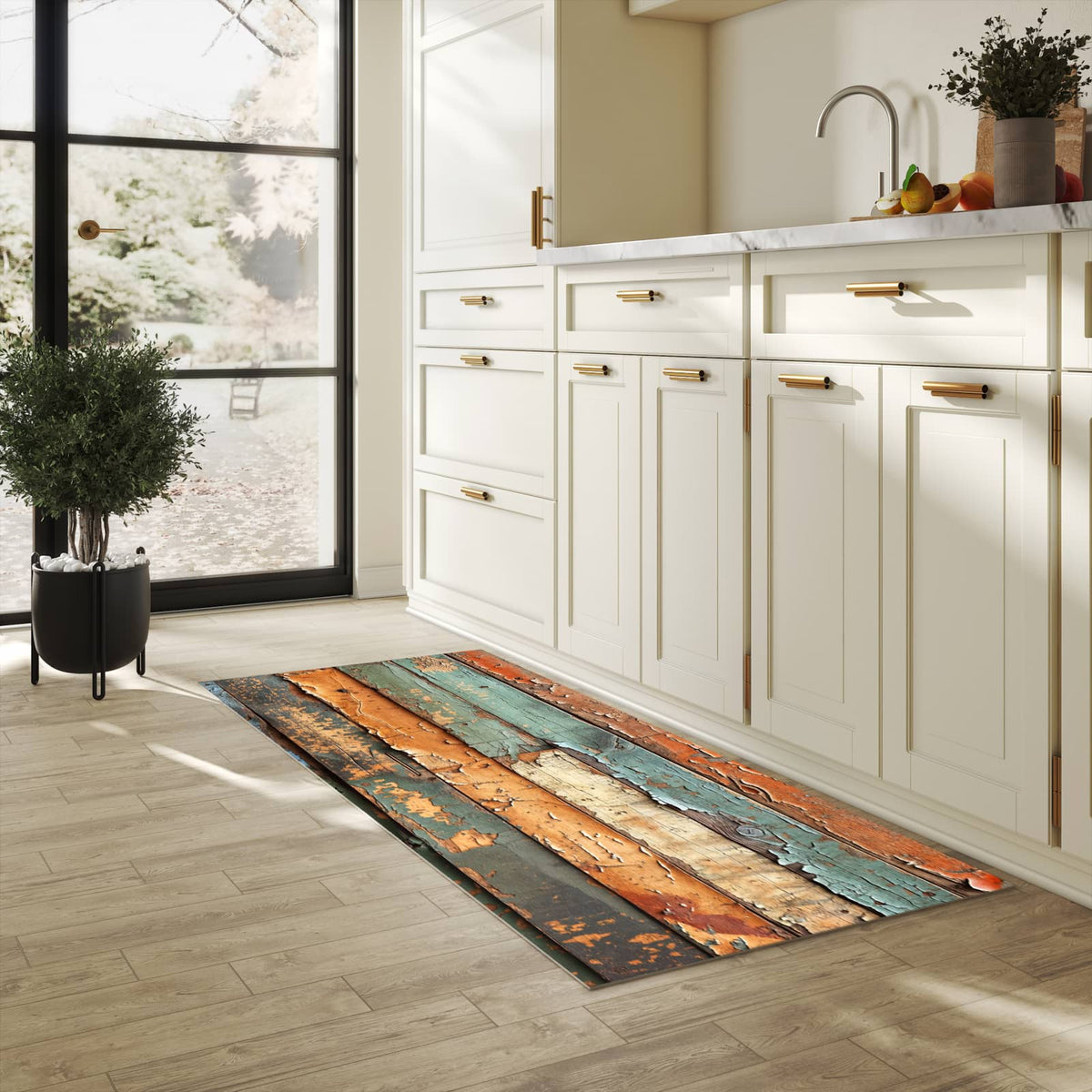 Dünner waschbarer Küchenteppich mit Motiv Antike Holzplanken für angenehme Haptik in heller Küche