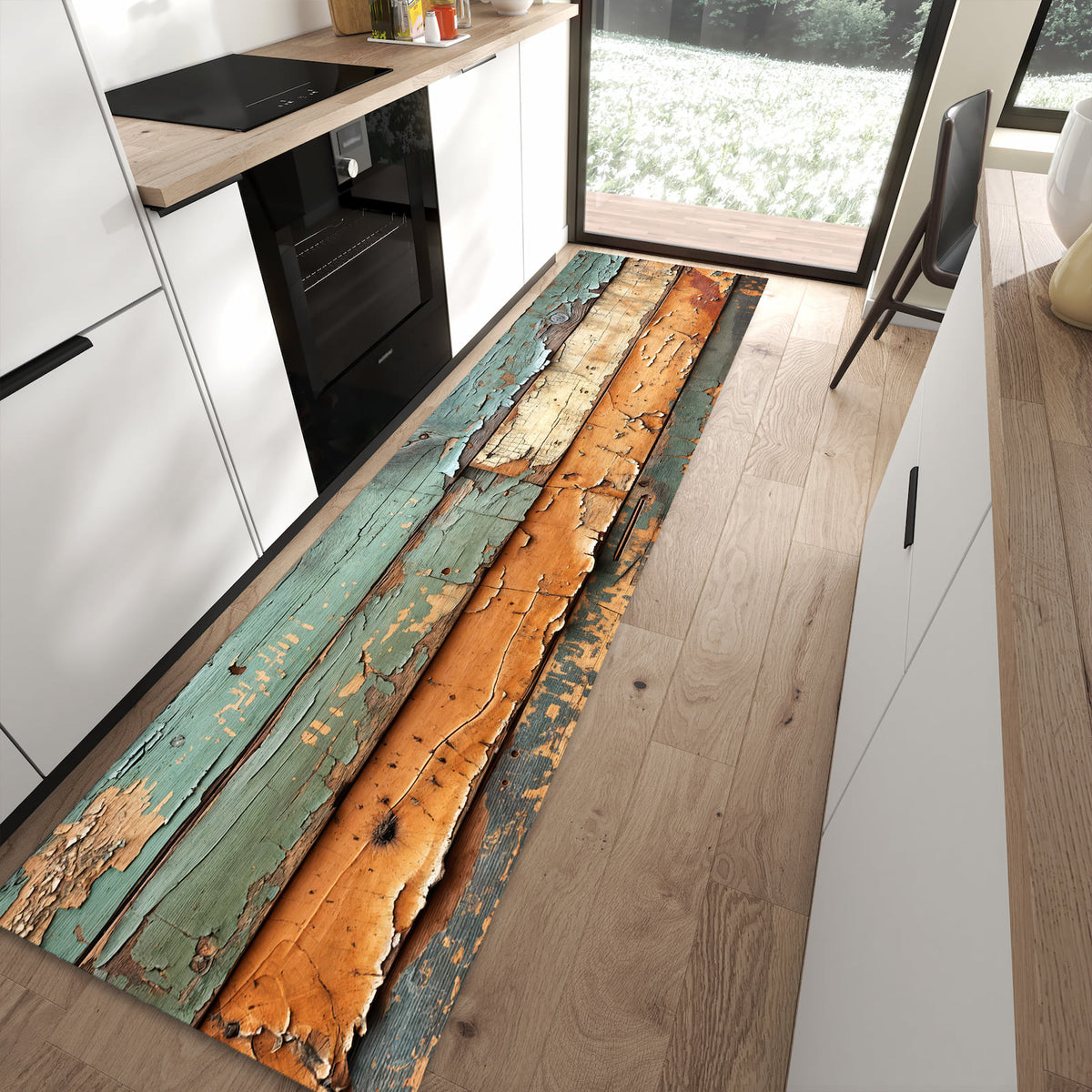 Pflegeleichter Küchenläufer mit Motiv Antike Holzplanken in moderner Küche