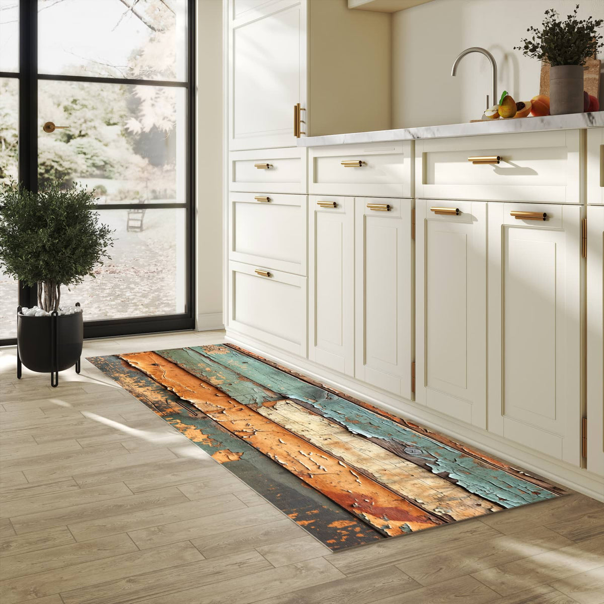 Hygienischer Teppich fürs Esszimmer mit Motiv Antike Holzplanken in heller Küche