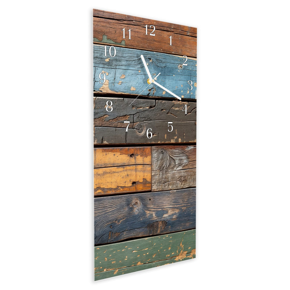 Vormontiert – mit Schwebeeffekt – Wanduhr Bunte Holzplatte aus Glas – Hochformat 30 × 60 cm