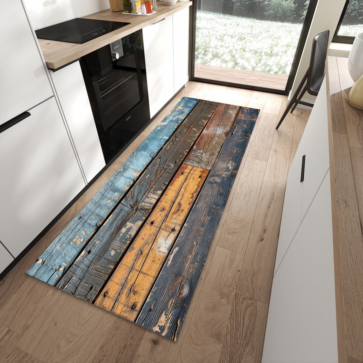 UV-beständiger Küchenteppich mit Motiv Bunte Holzplatte in moderner Küche