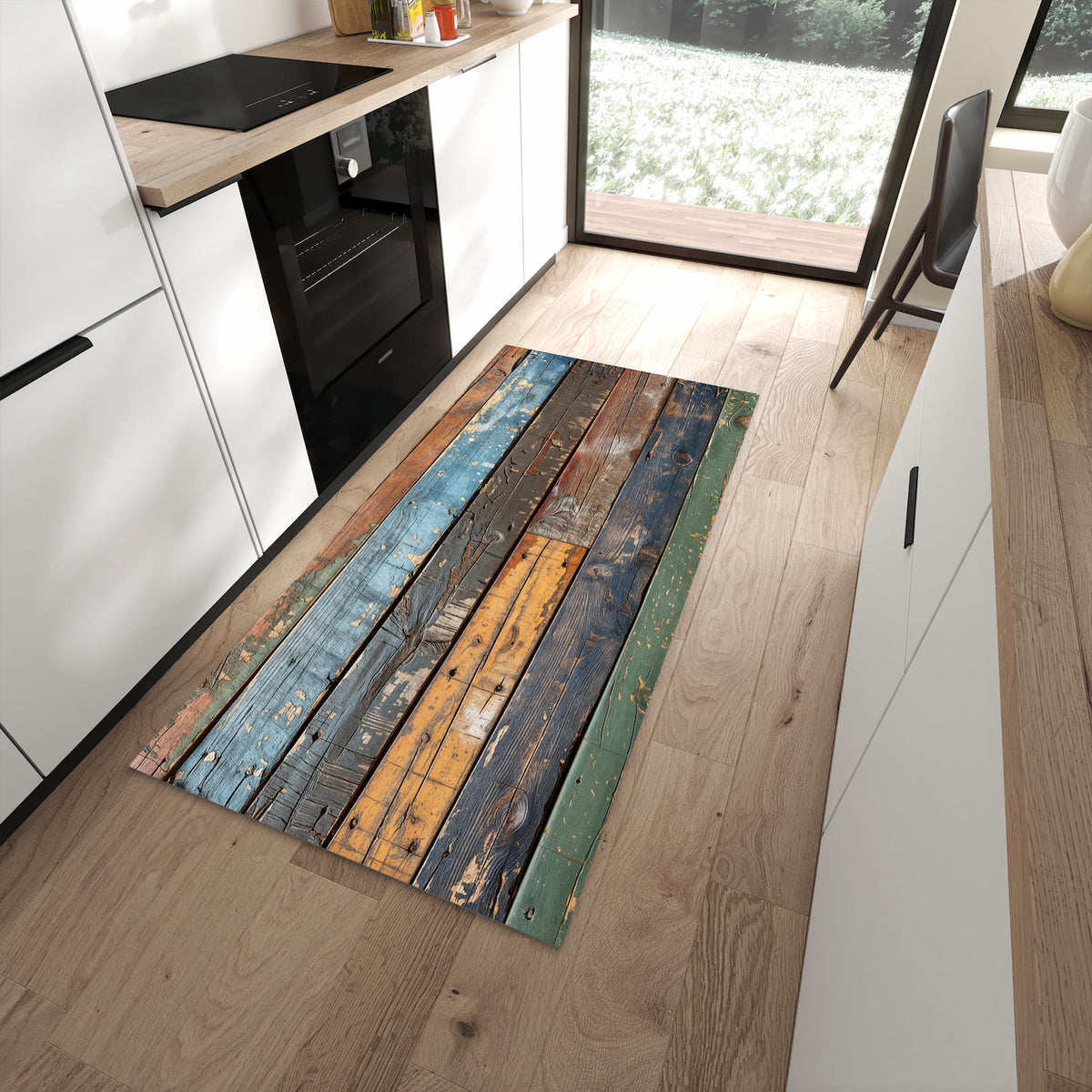Abriebfester Küchenteppich mit Motiv Bunte Holzplatte in moderner Küche