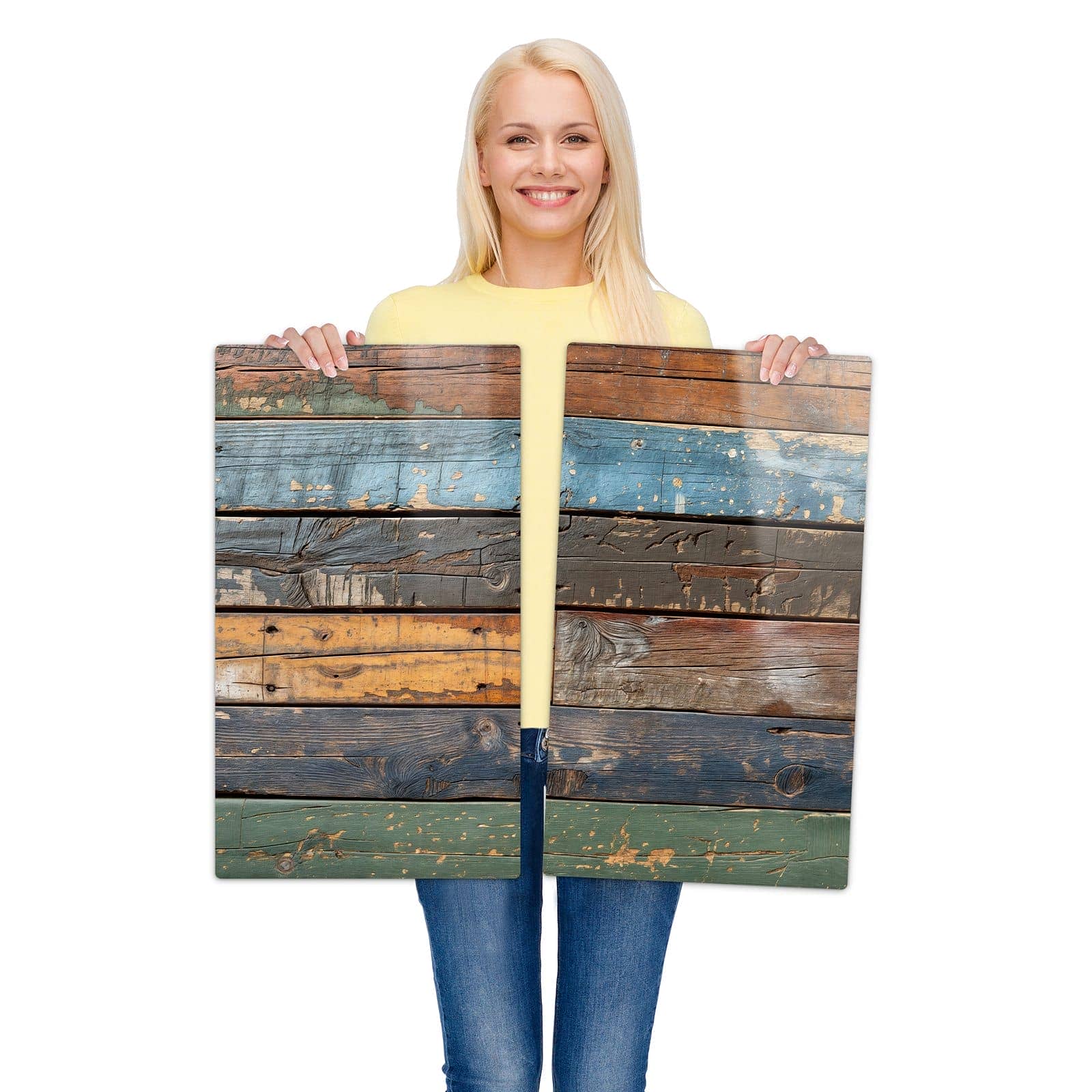 2-teilige Ceranfeldabdeckungen mit Bunte Holzplatte-Motiv werden zur Größendarstellung gehalten