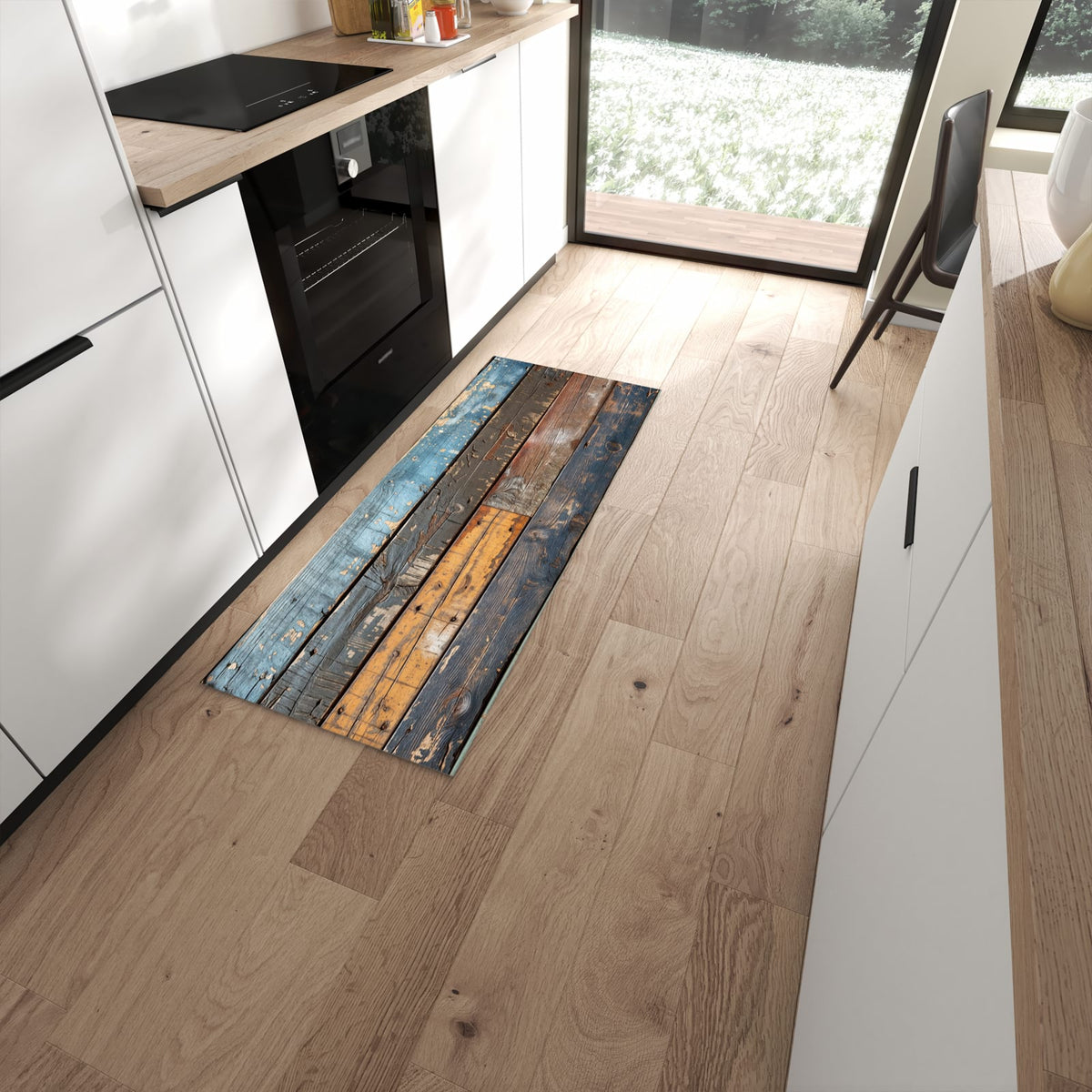 Rutschfester Küchenläufer mit Motiv Bunte Holzplatte in moderner Küche #grösse_60 x 150 cm