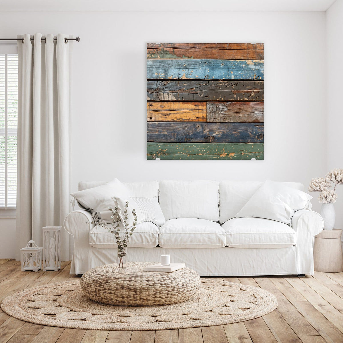 Glasbild Planken in Blau und Rost an der Wand – Waagerechte verwitterte Planken in Blau, Rostorange, Gelb und Grün