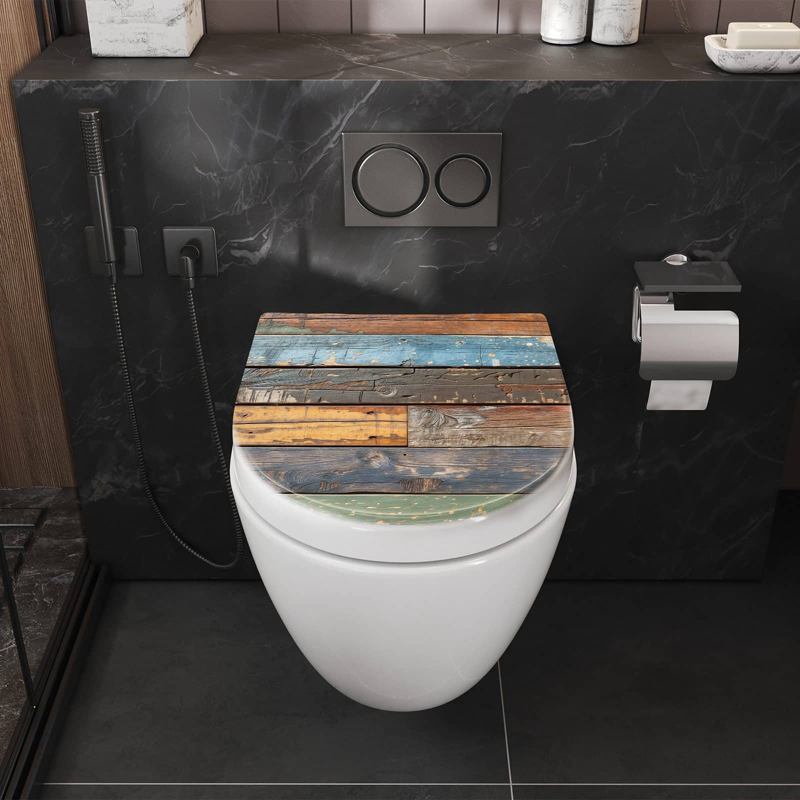 WC-Sitz mit Absenkautomatik Bunte Holzplatte