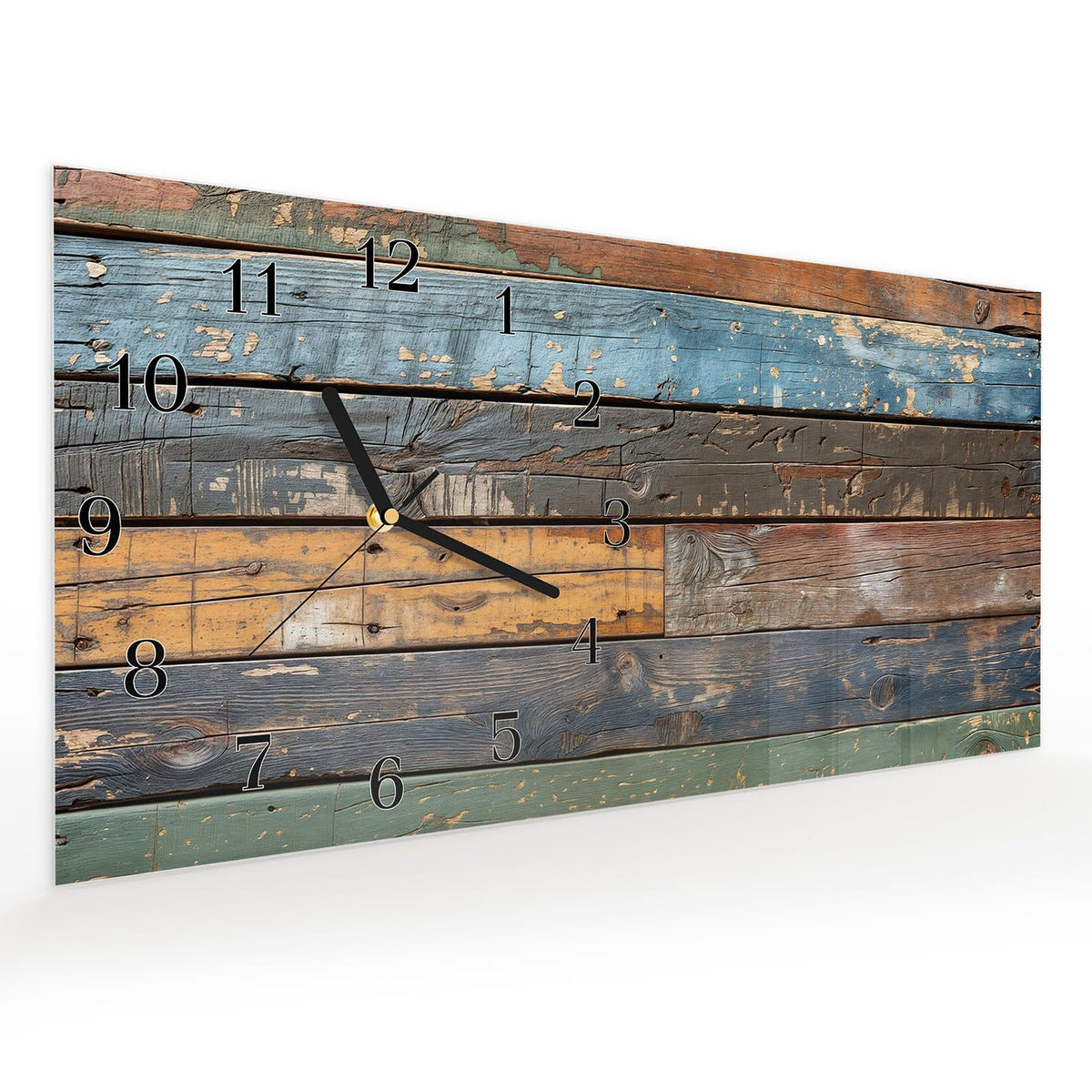 Vormontiert – mit Schwebeeffekt – Wanduhr Bunte Holzplatte aus Glas – Querformat 60 × 30 cm