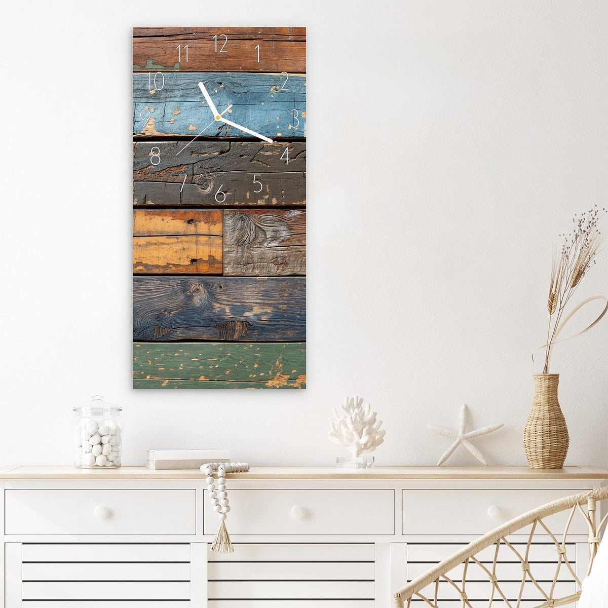 Wanduhr Bunte Holzplatte aus Glas – Verwitterte Planken in Blau und Rost