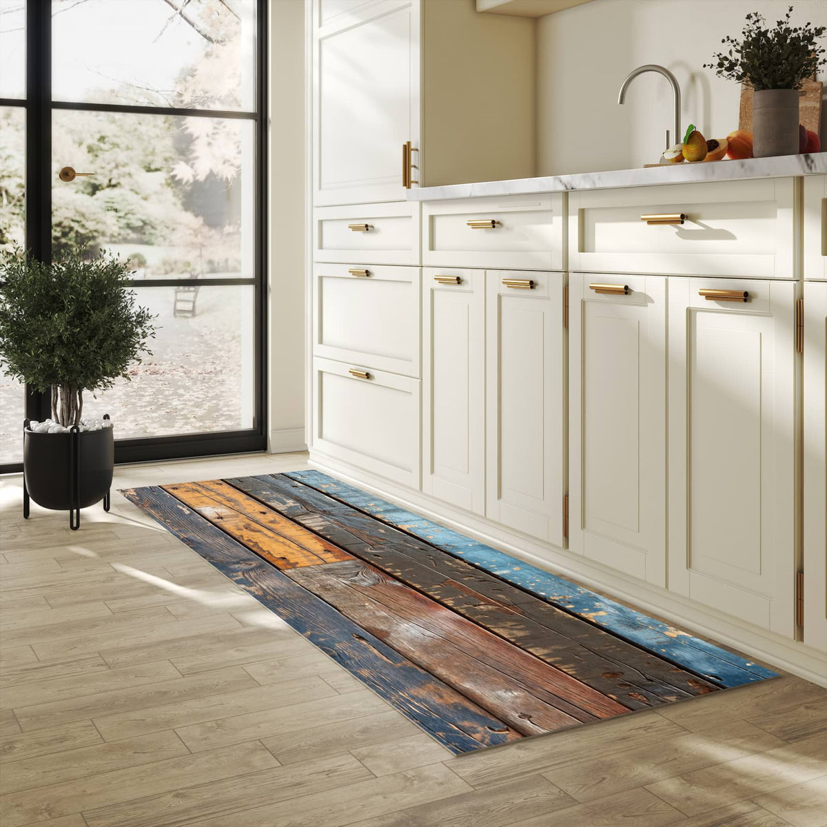 UV-beständiger Küchenvorleger mit Motiv Bunte Holzplatte in heller Küche
