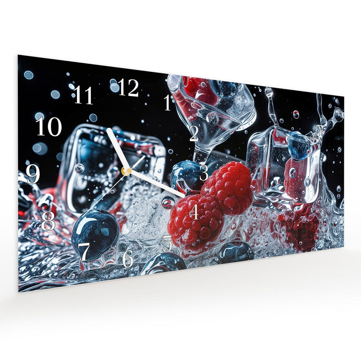 Vormontiert – mit Schwebeeffekt – Wanduhr Beeren Eiswürfel aus Glas – Querformat 60 × 30 cm
