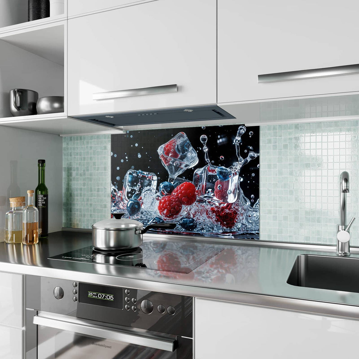 Küchenrückwand aus Glas Eisgekühlte Beeren im Hochformat als Spritzschutz hinter dem Kochfeld, über dem Fliesenspiegel montiert