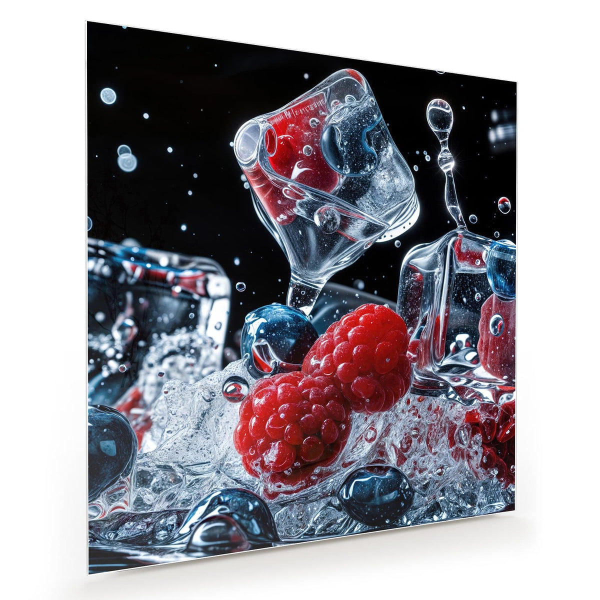 Himbeeren und Blaubeeren mit Eiswürfeln im Wasserspritzer vor schwarzem Grund