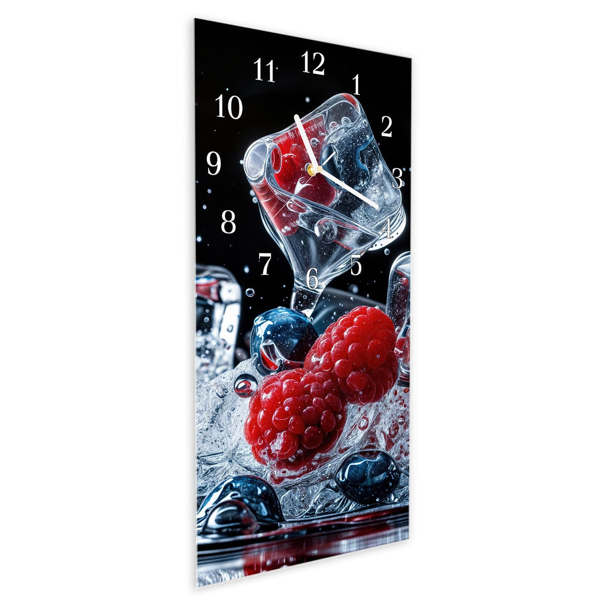 Vormontiert – mit Schwebeeffekt – Wanduhr Beeren Eiswürfel aus Glas – Hochformat 30 × 60 cm