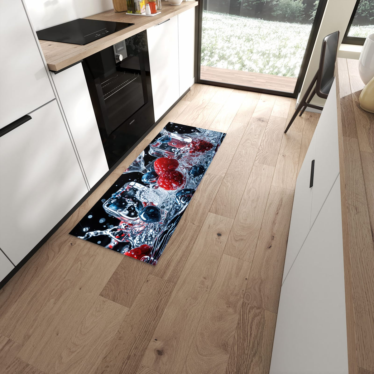 Schmutzabweisender Küchenteppich mit Motiv Beeren Eiswürfel in moderner Küche #grösse_60 x 150 cm