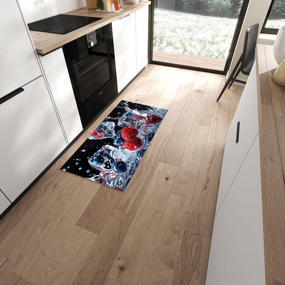 Fleckenresistenter Bodenläufer mit Motiv Beeren Eiswürfel in moderner Küche #grösse_60 x 120 cm
