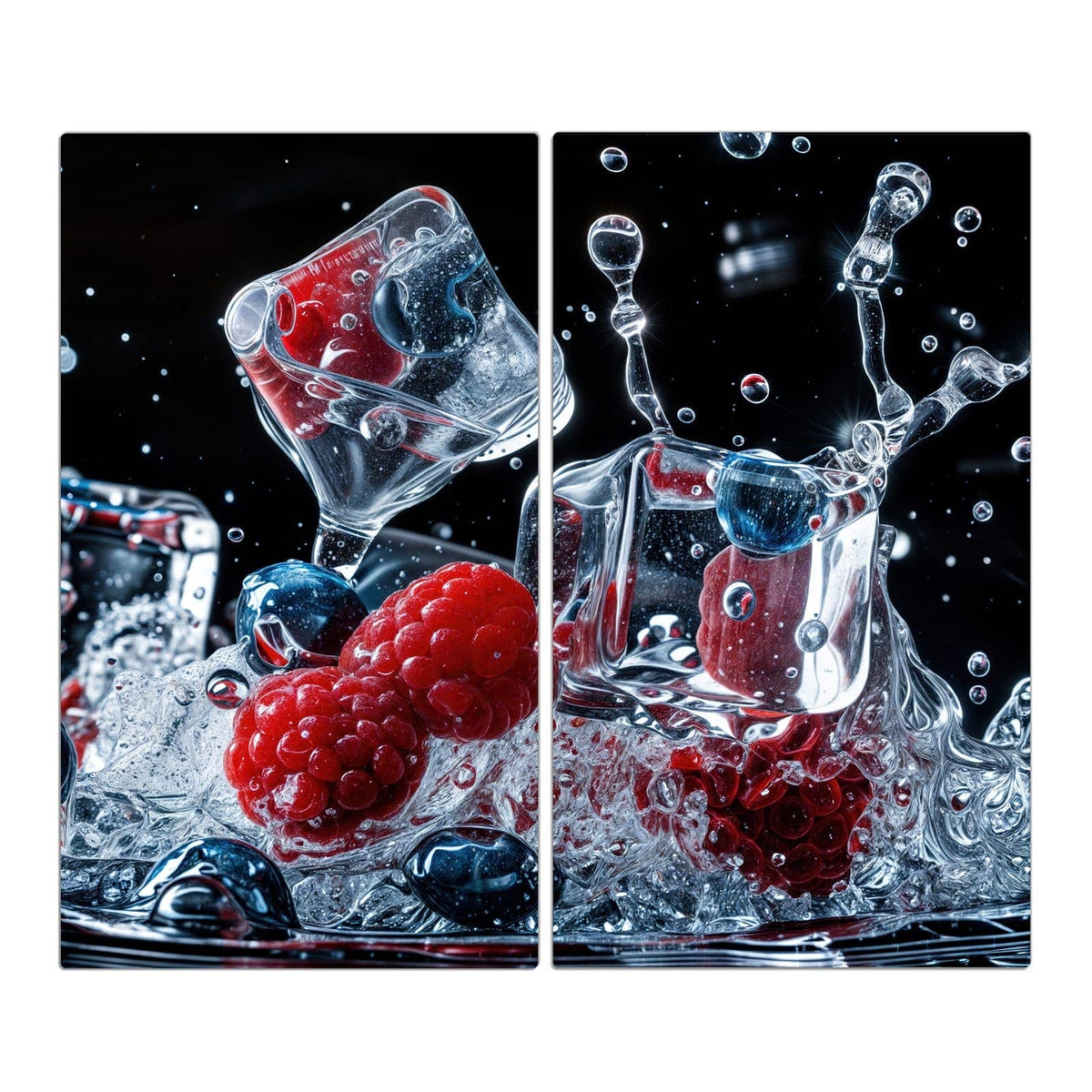 Himbeeren und Blaubeeren mit Eiswürfeln im Wasserspritzer vor schwarzem Grund
