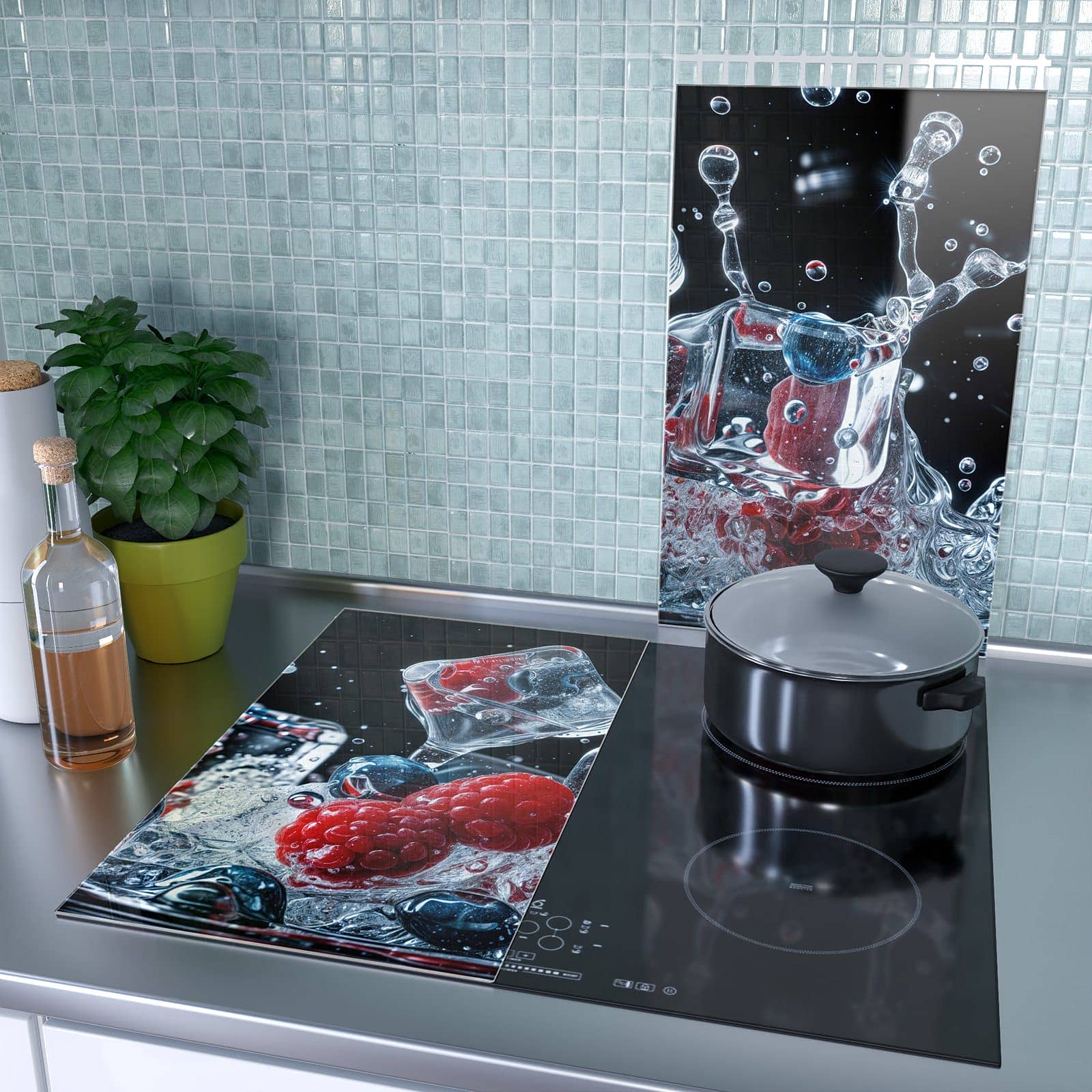 2-teilige Abdeckplatten für Ceranfeld mit Beeren Eiswürfel-Motiv als Spritzschutz hinter dem Kochfeld