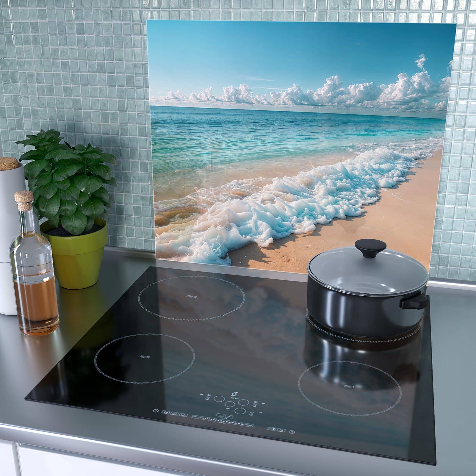 2-teilige Kochfeldabdeckung mit Strand Surf Wellen-Motiv auf dem Ceranfeld