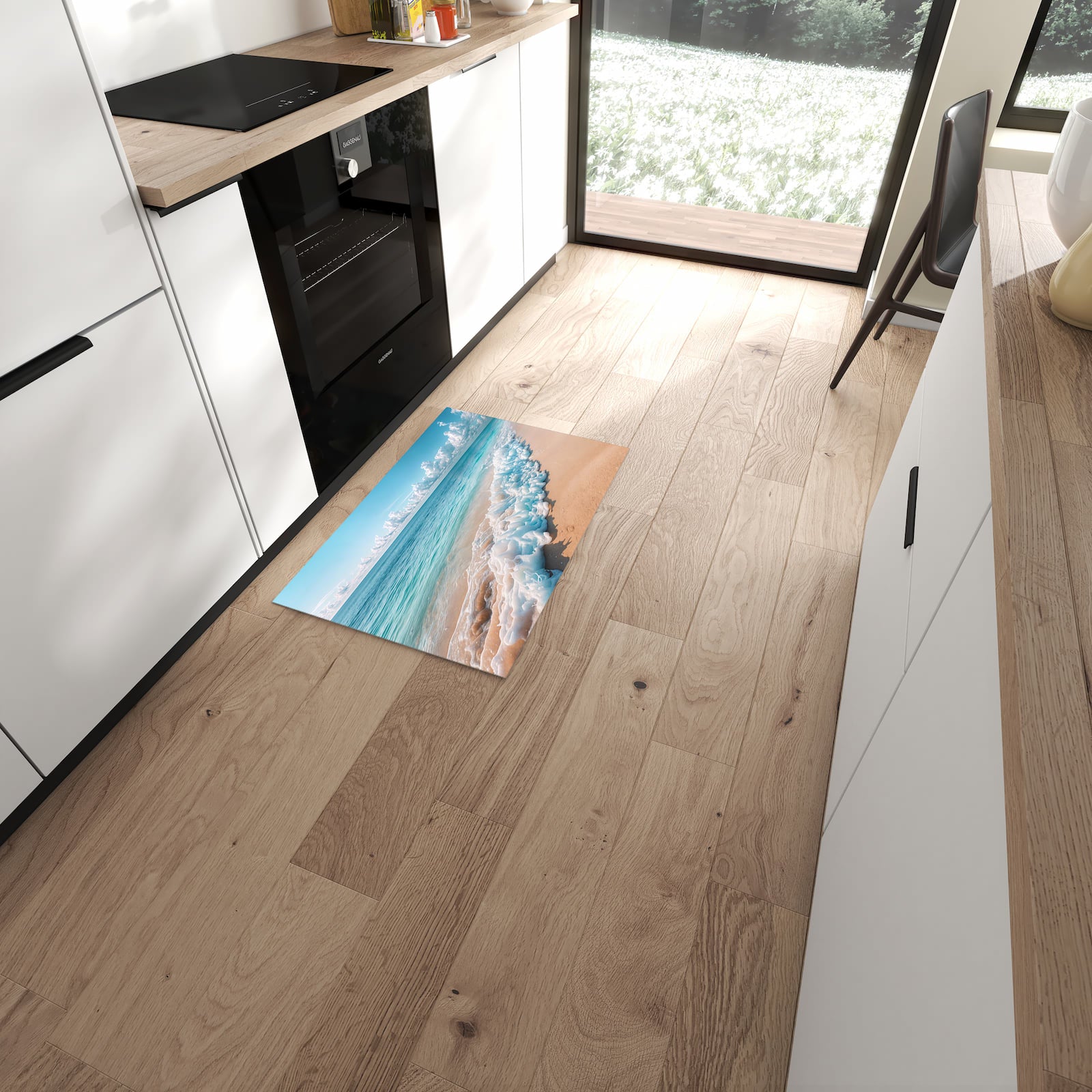 Dünner Küchenteppich mit Motiv Strand Surf Wellen in moderner Küche für sicheres Aufbewahren
