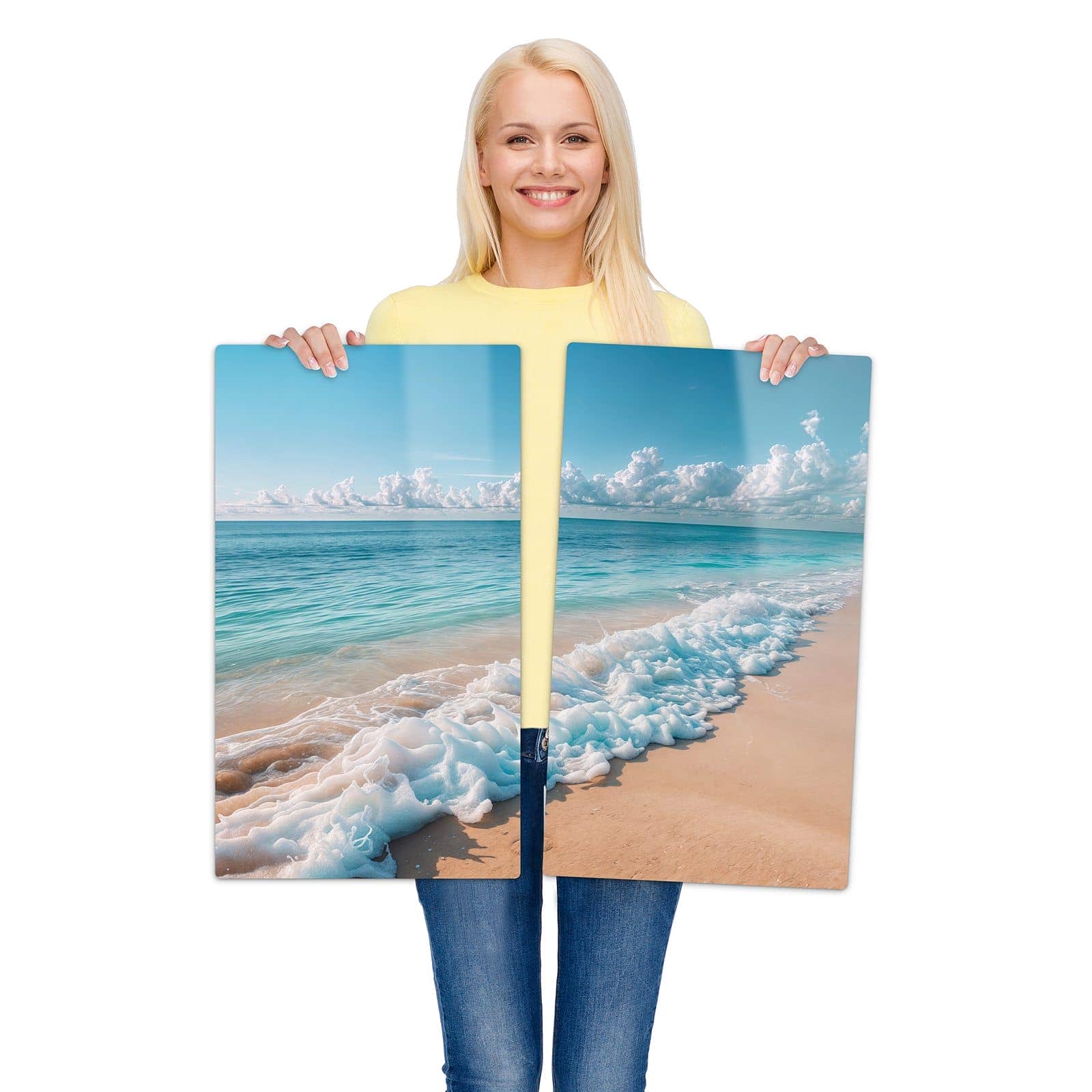 Abdeckplatte für Induktionsherd mit Strand Surf Wellen-Motiv wird zur Größendarstellung gehalten