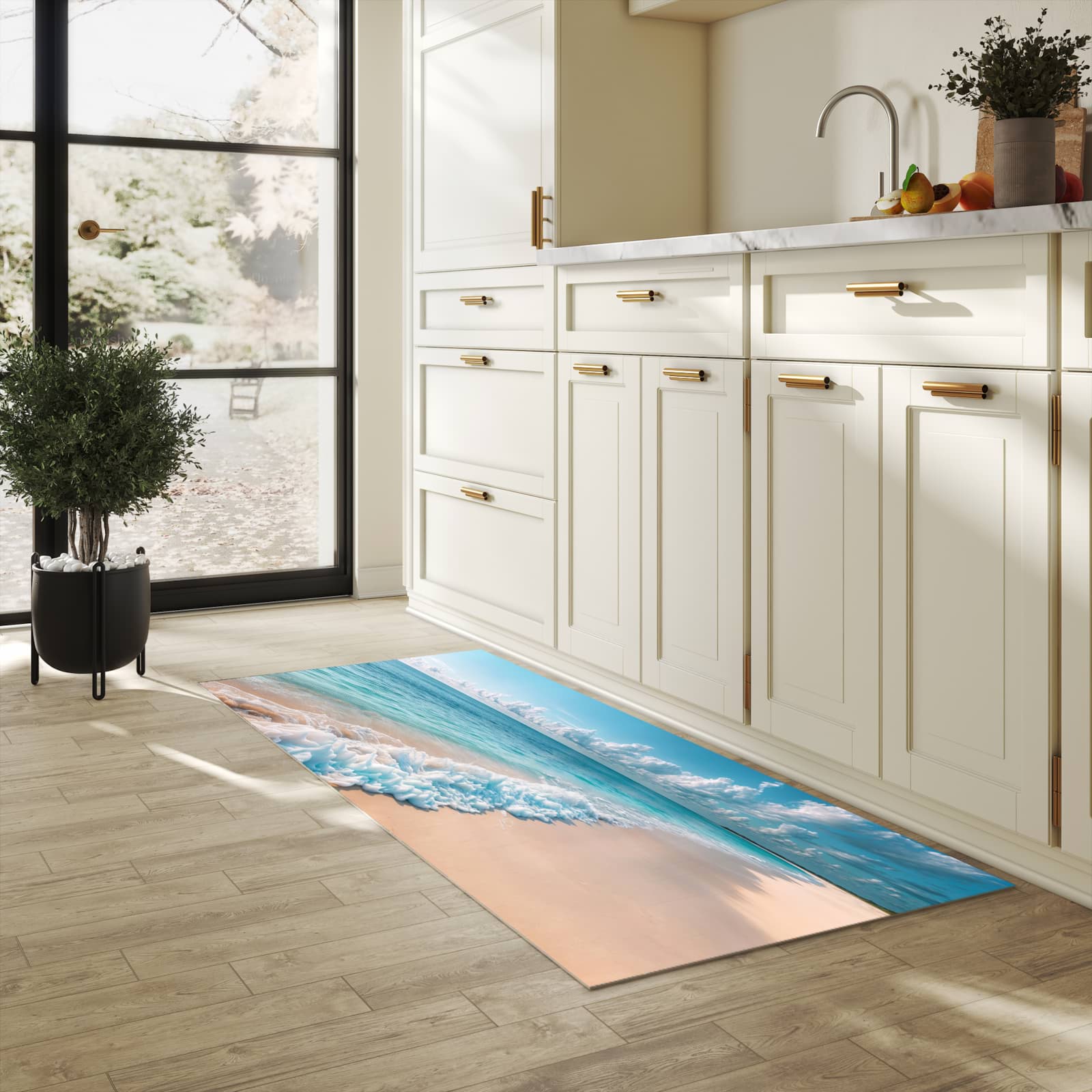 Waschbarer Küchenteppich mit Motiv Strand Surf Wellen für Trittkomfort in heller Küche