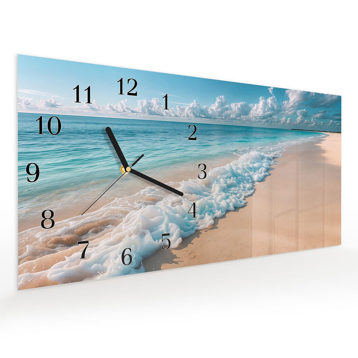 Vormontiert – mit Schwebeeffekt – Wanduhr Strand Surf Wellen aus Glas – Querformat 60 × 30 cm