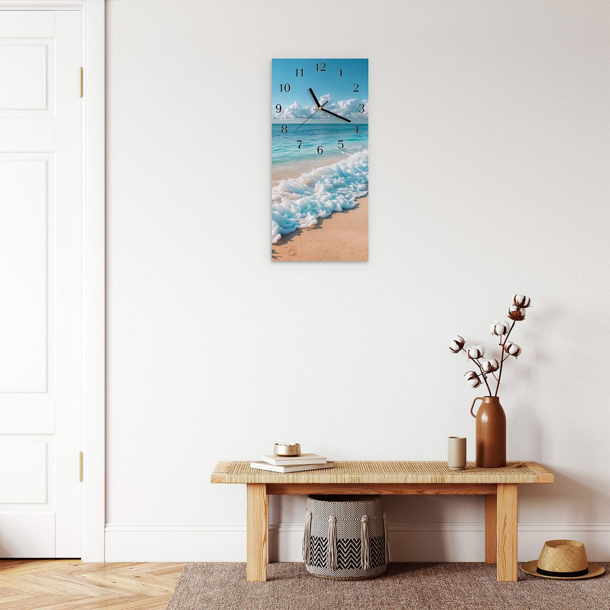 Moderne Wanduhr aus Glas mit Farbtiefe – Wanduhr Strand Surf Wellen aus Glas – Hochformat 30 × 60 cm