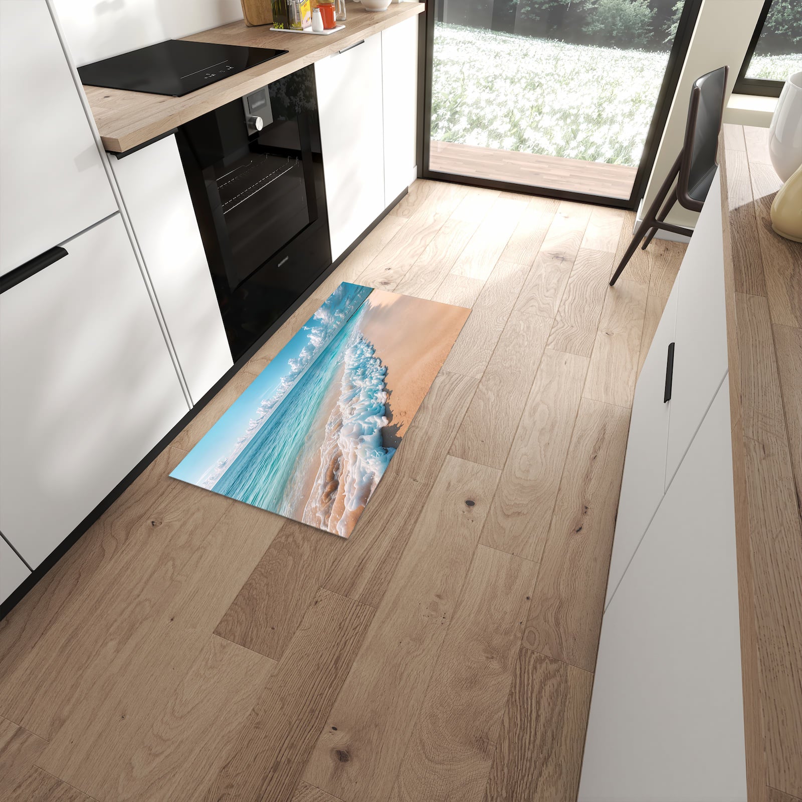 Feuchtigkeitsresistenter Teppichläufer mit Motiv Strand Surf Wellen in moderner Küche #grösse_60 x 120 cm
