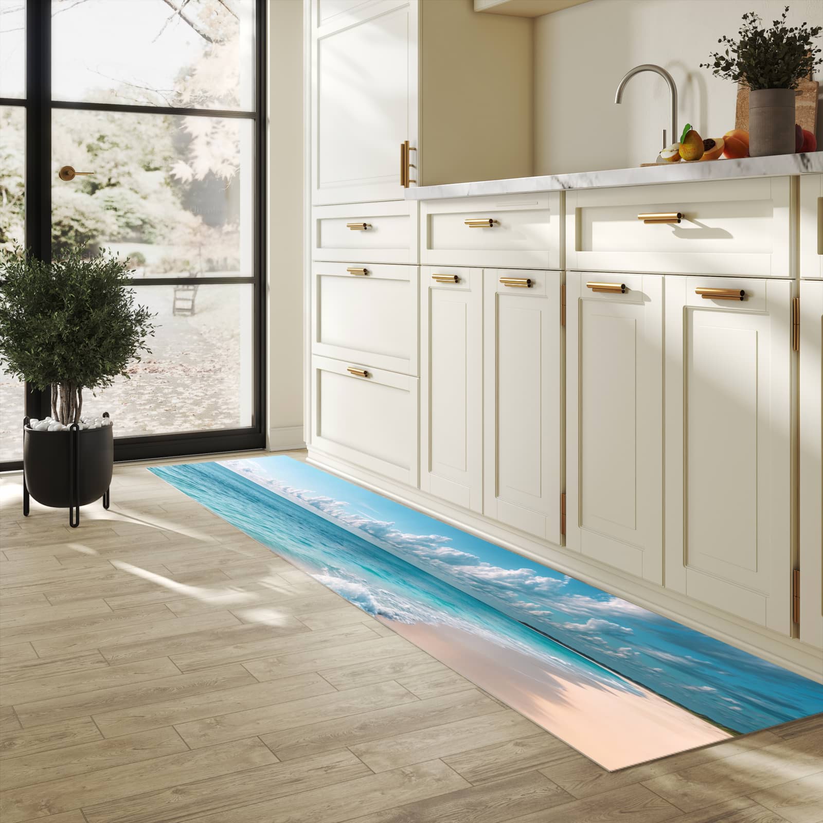 Abriebfester großer Küchenteppich mit Motiv Strand Surf Wellen in heller Küche