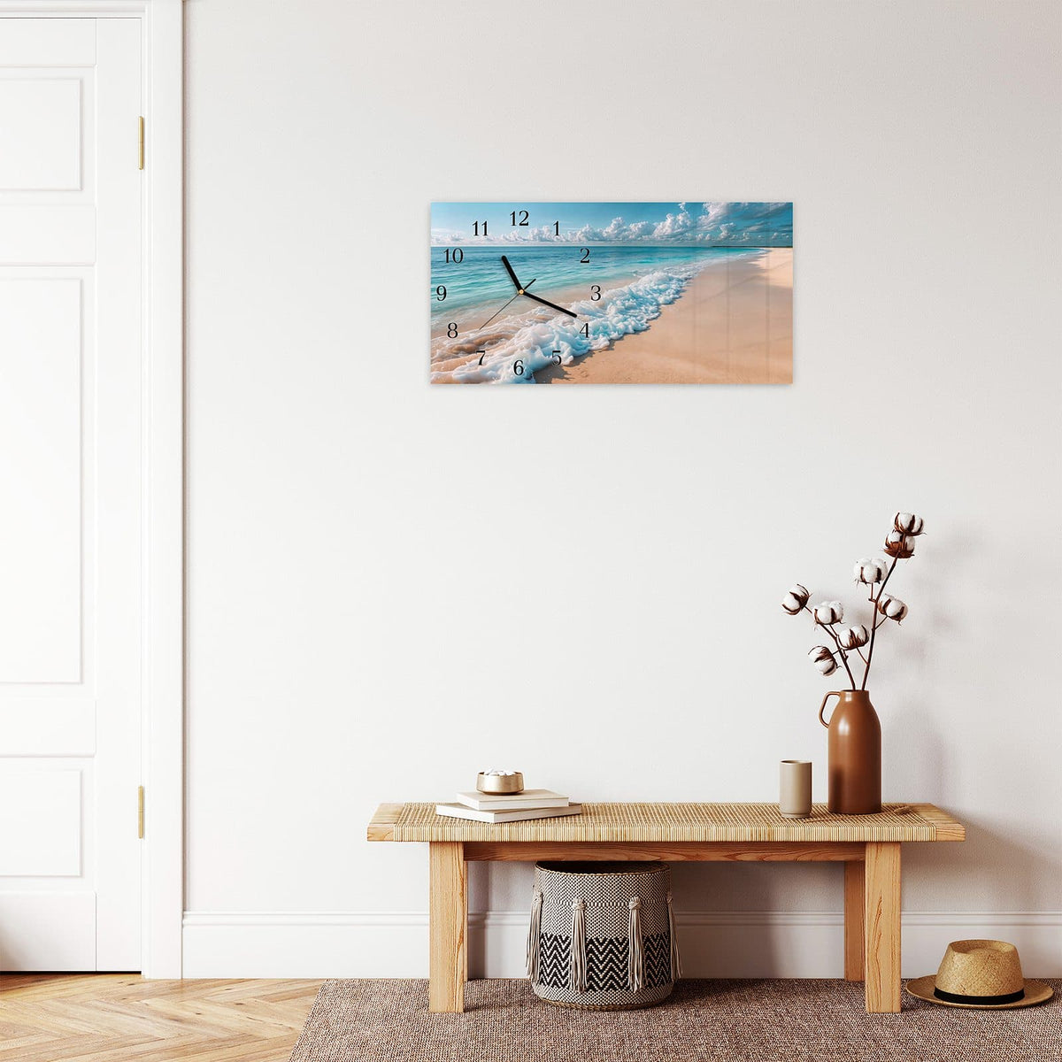 Moderne Wanduhr aus Glas mit Farbtiefe – Wanduhr Strand Surf Wellen aus Glas – Querformat 60 × 30 cm