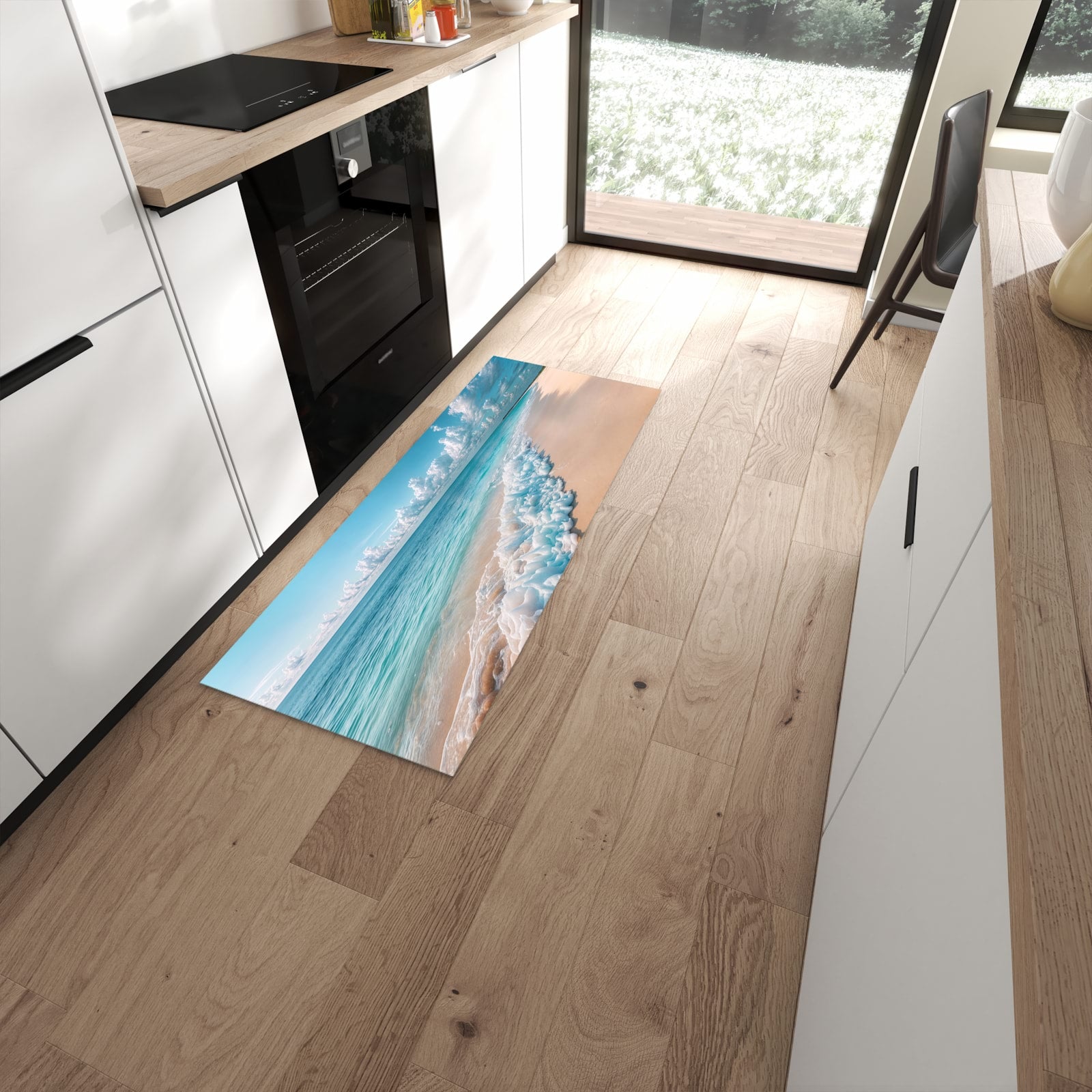Bodenschonender waschbarer Läufer für die Küche mit Motiv Strand Surf Wellen in moderner Küche #grösse_60 x 150 cm