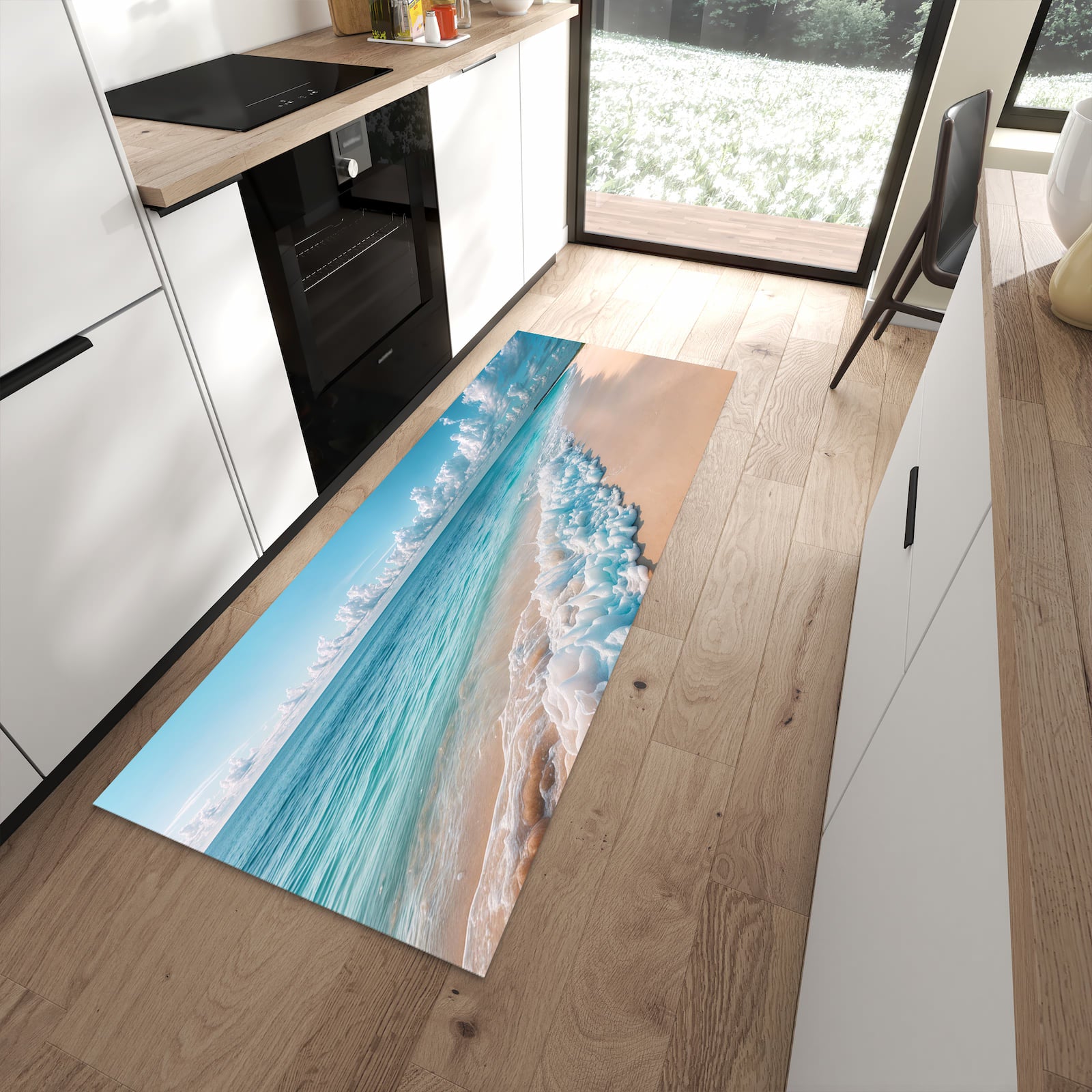 Rutschfester dünner Teppich mit Motiv Strand Surf Wellen spart Zeit in moderner Küche