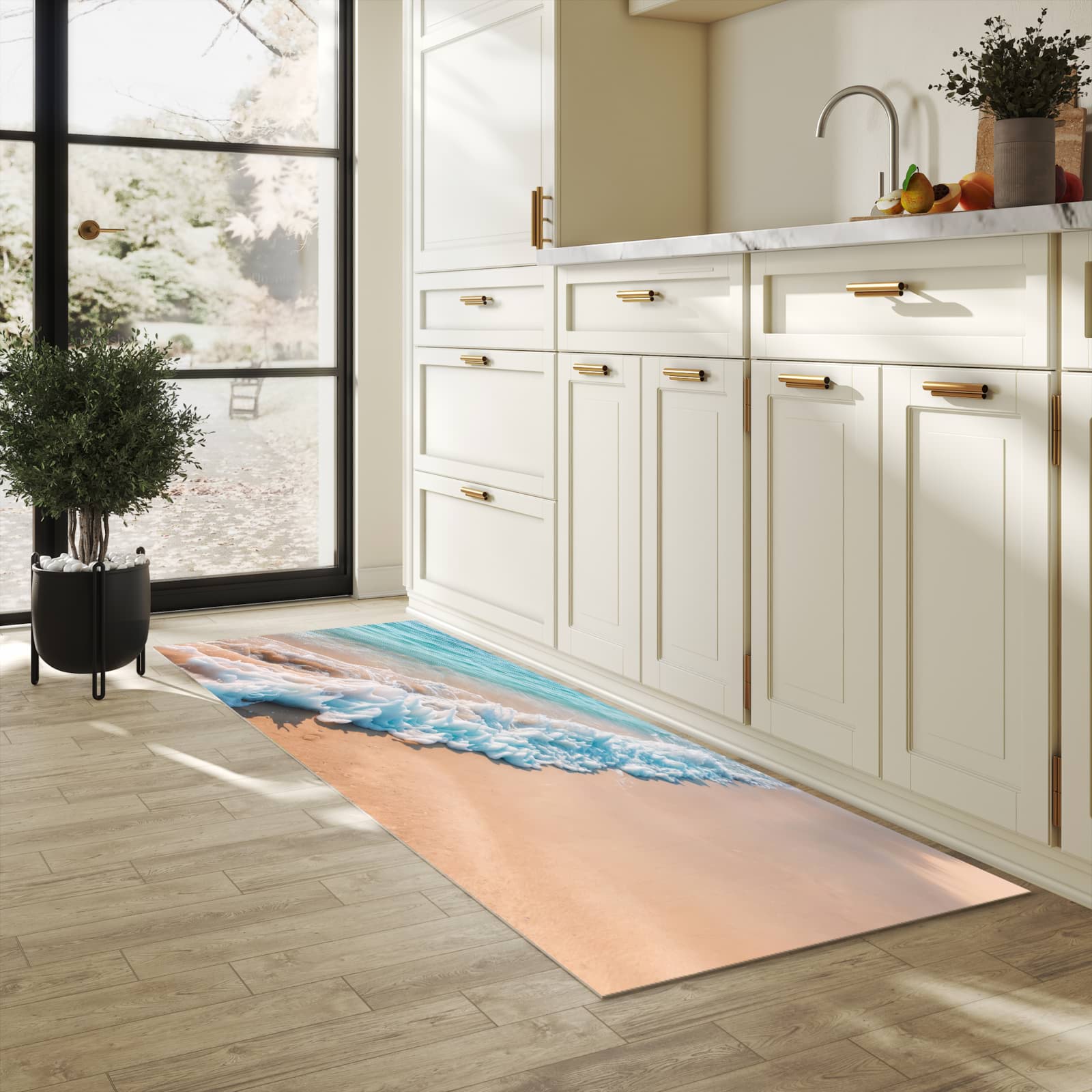 Wasserabweisender Küchenläufer mit Motiv Strand Surf Wellen in heller Küche