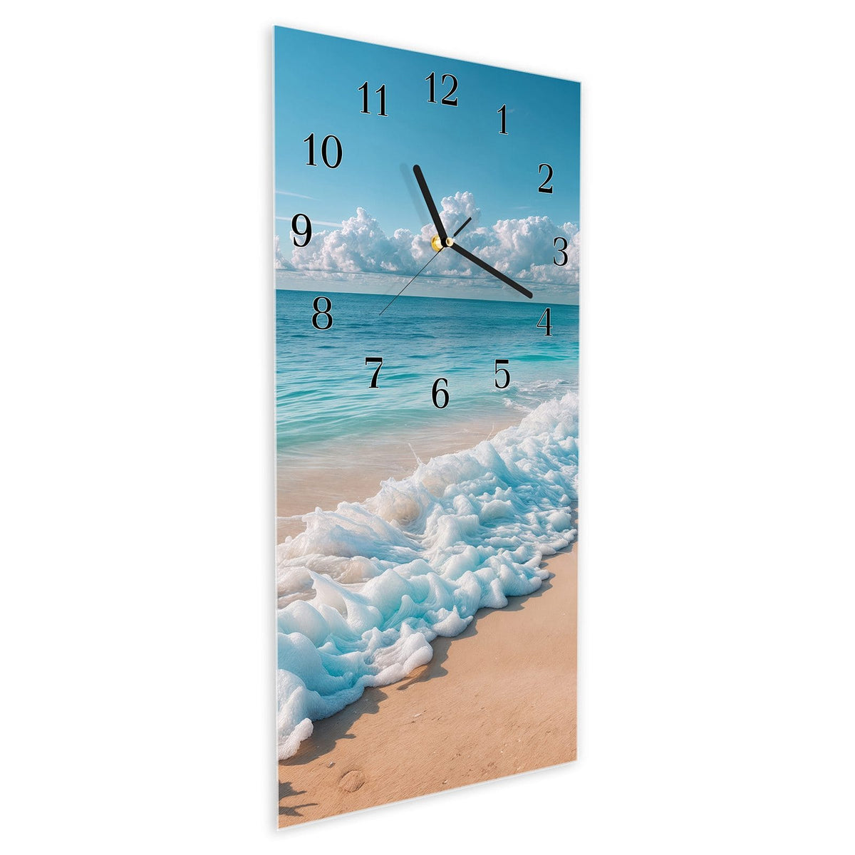 Vormontiert – mit Schwebeeffekt – Wanduhr Strand Surf Wellen aus Glas – Hochformat 30 × 60 cm