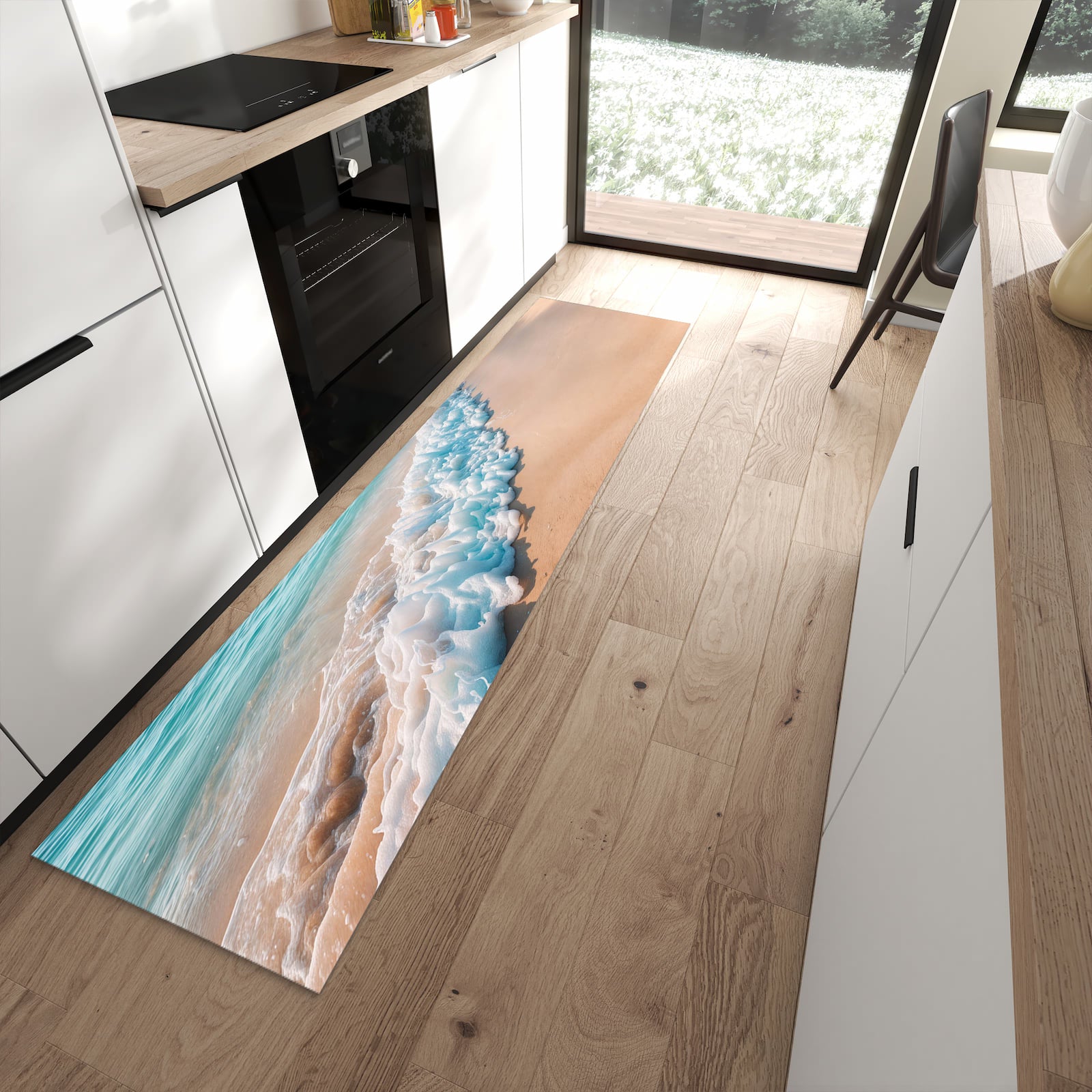 Bodenschonender langer Teppich mit Motiv Strand Surf Wellen in moderner Küche