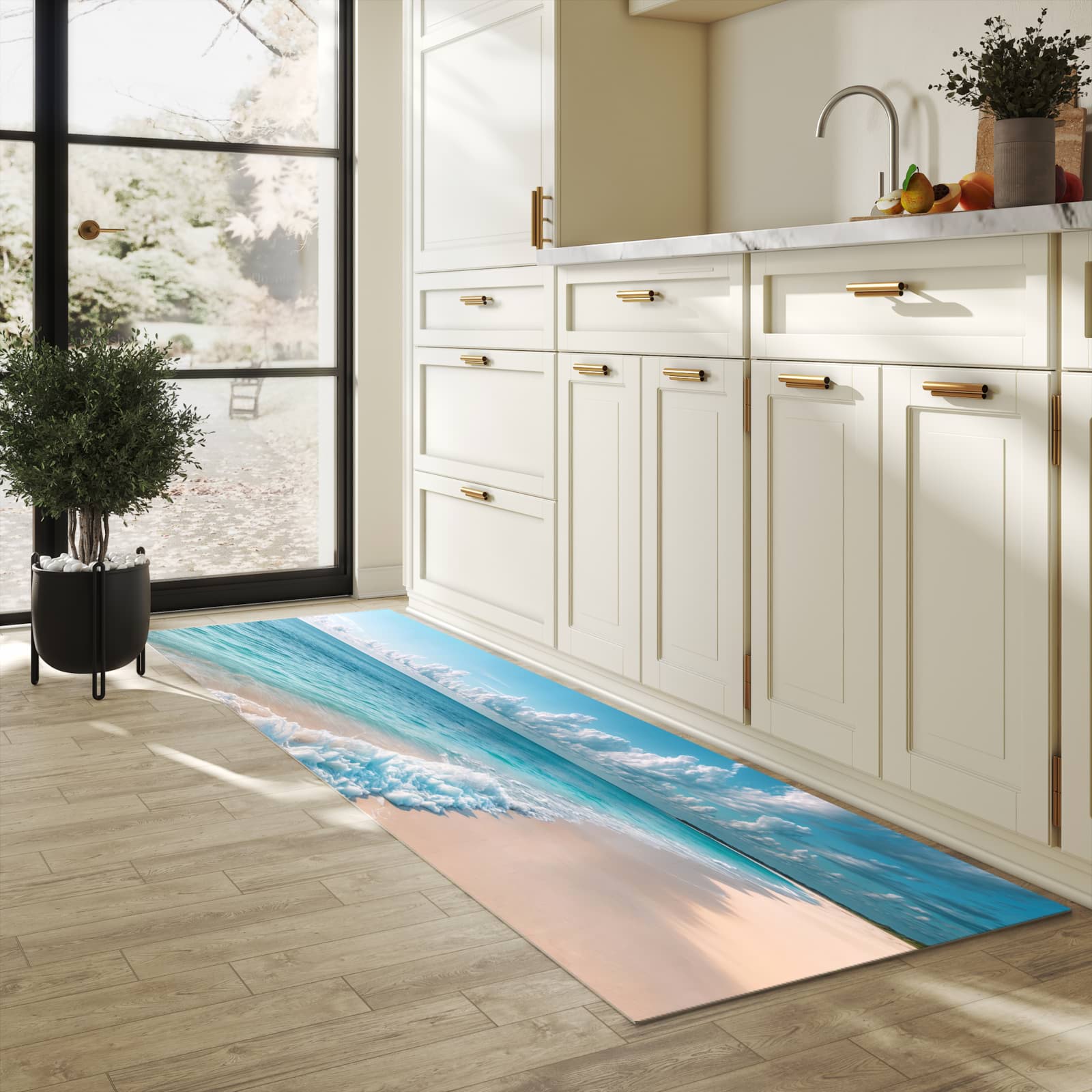 Fleckenresistenter Küchenläufer mit Motiv Strand Surf Wellen in heller Küche