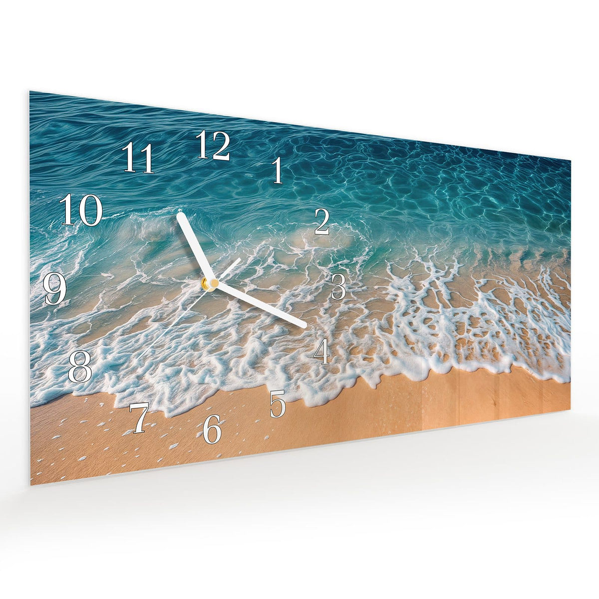 Vormontiert – mit Schwebeeffekt – Wanduhr Strand und Wellen aus Glas – Querformat 60 × 30 cm