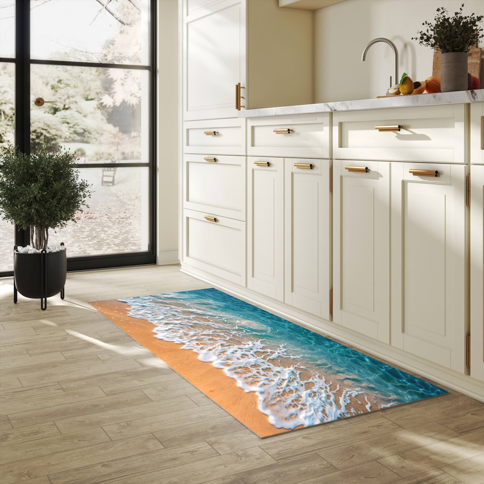 Langlebiger Teppich für Esstisch mit Motiv Strand und Wellen in heller Küche, waschbar